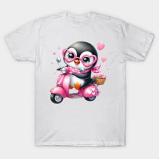 Valentine Penguin In Pink Scooter T-Shirt